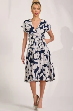 Jolie Moi Occasion Dresses|Wedding Guest-V Neck Print Scuba Midi Dress, Navy Floral