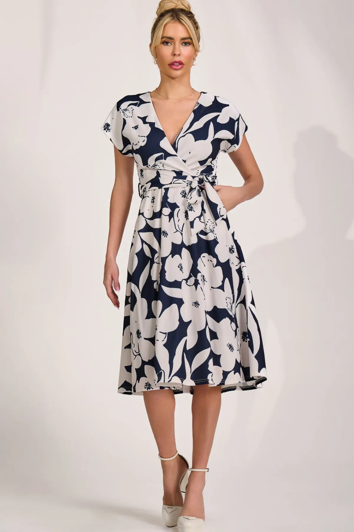 Jolie Moi Occasion Dresses|Wedding Guest-V Neck Print Scuba Midi Dress, Navy Floral