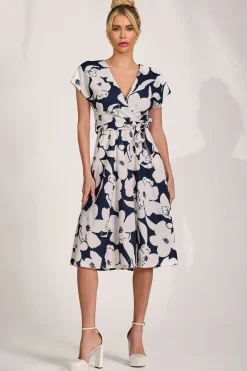 Jolie Moi Occasion Dresses|Wedding Guest-V Neck Print Scuba Midi Dress, Navy Floral
