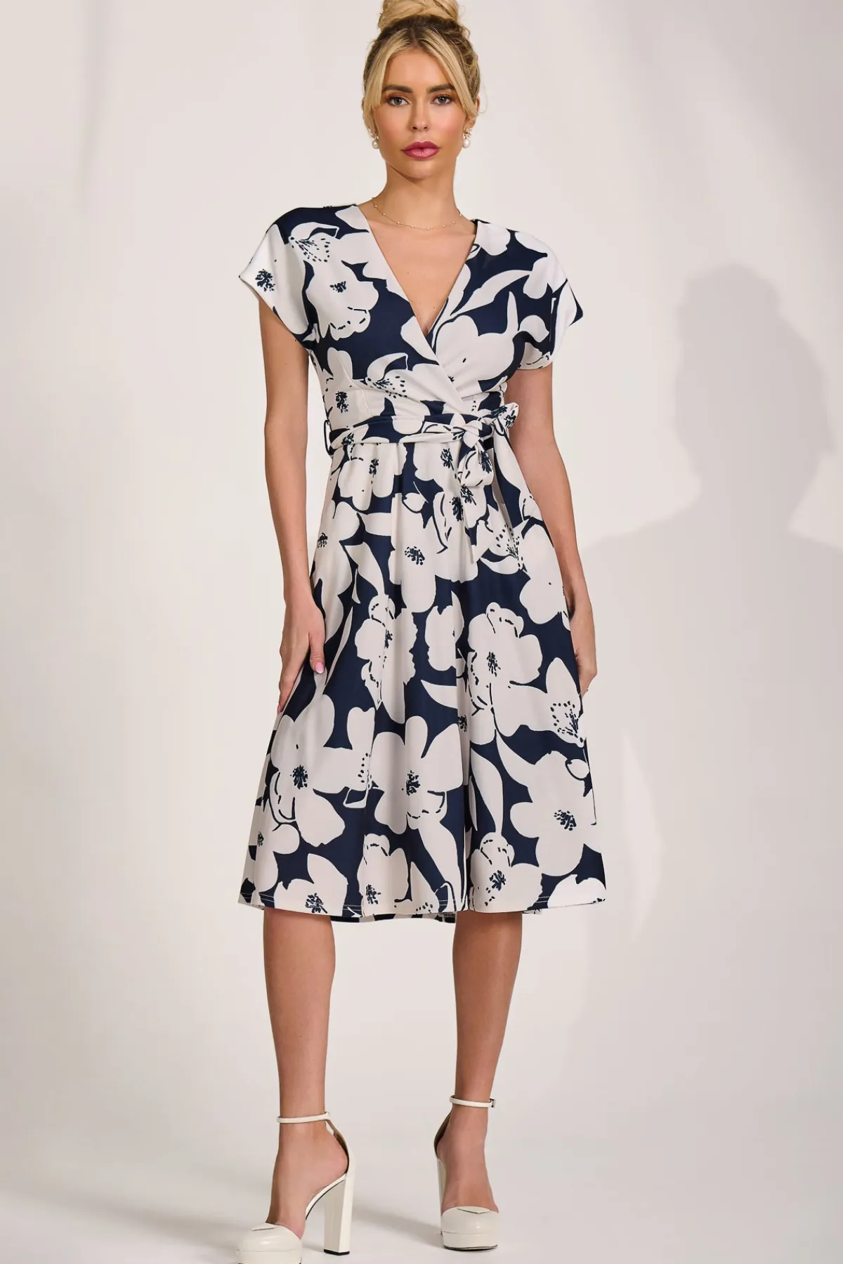 Jolie Moi Occasion Dresses|Wedding Guest-V Neck Print Scuba Midi Dress, Navy Floral