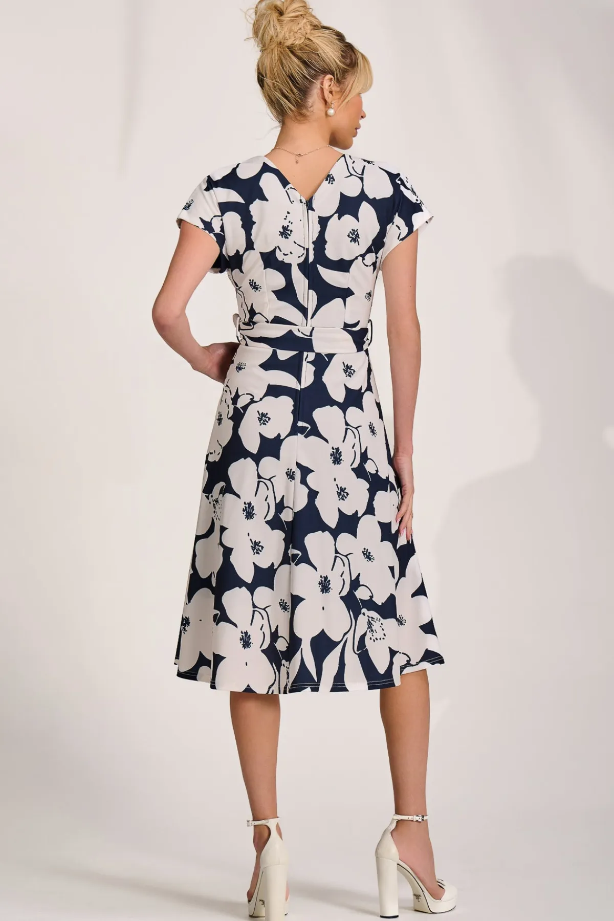 Jolie Moi Occasion Dresses|Wedding Guest-V Neck Print Scuba Midi Dress, Navy Floral
