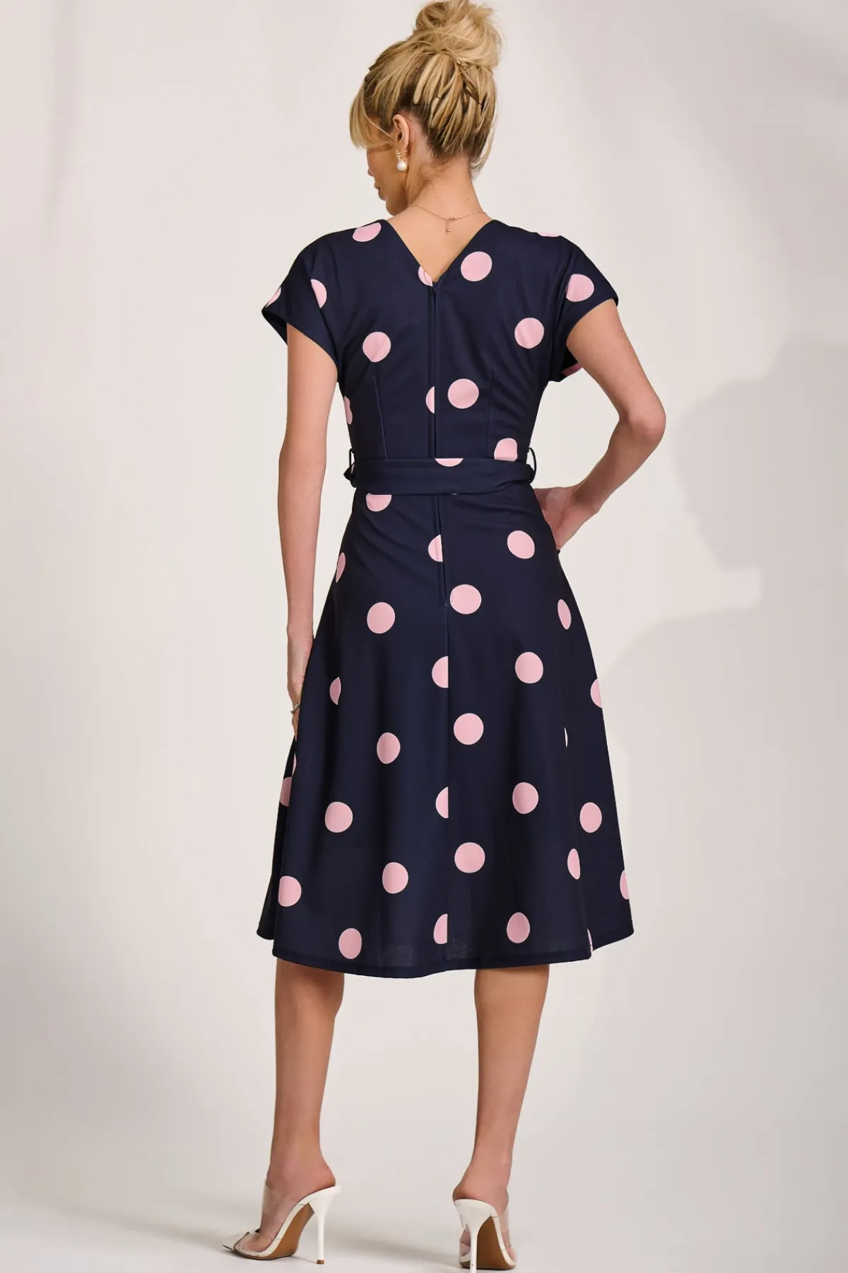 Jolie Moi Occasion Dresses|Wedding Guest-V Neck Print Scuba Midi Dress, Navy Spot