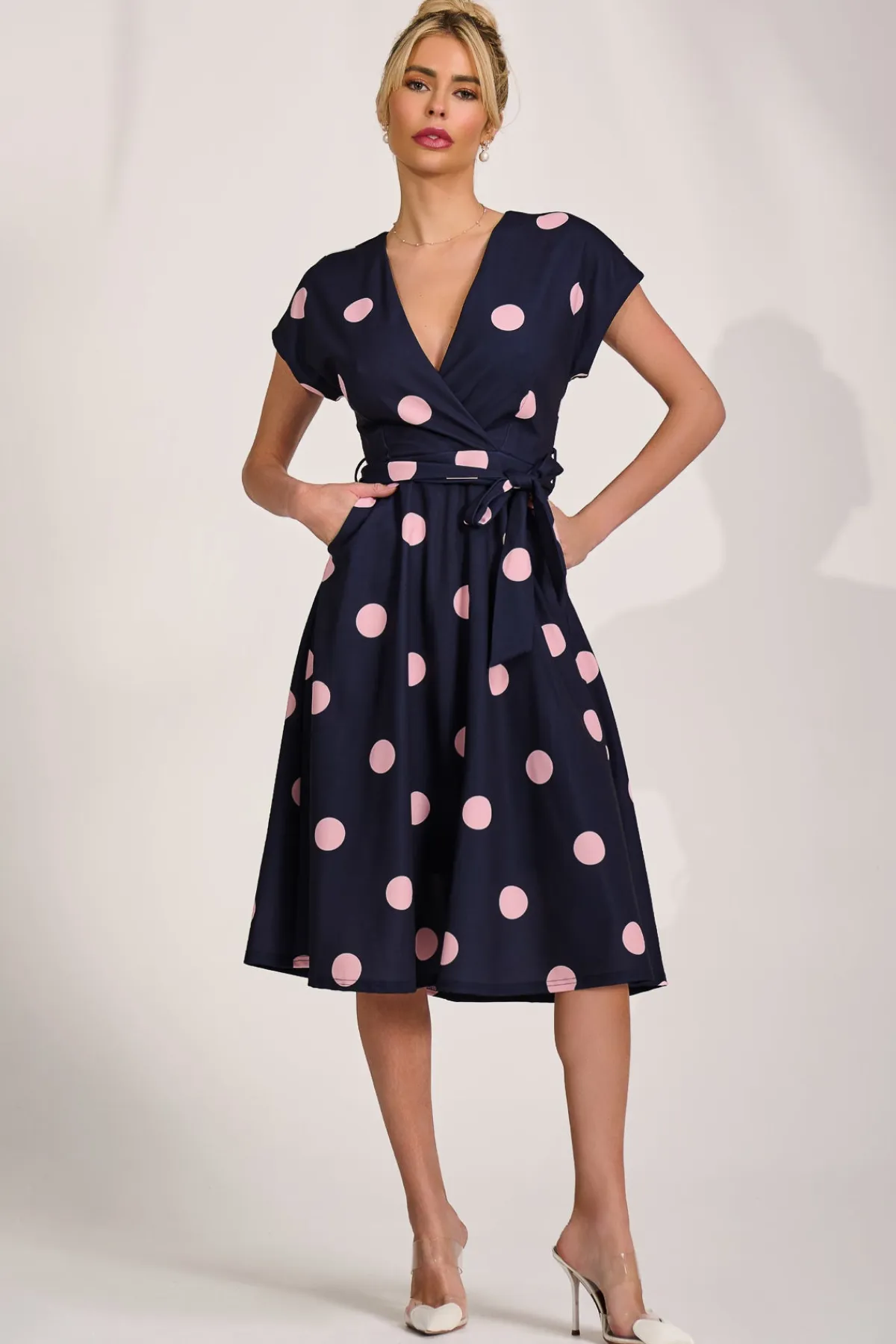 Jolie Moi Occasion Dresses|Wedding Guest-V Neck Print Scuba Midi Dress, Navy Spot