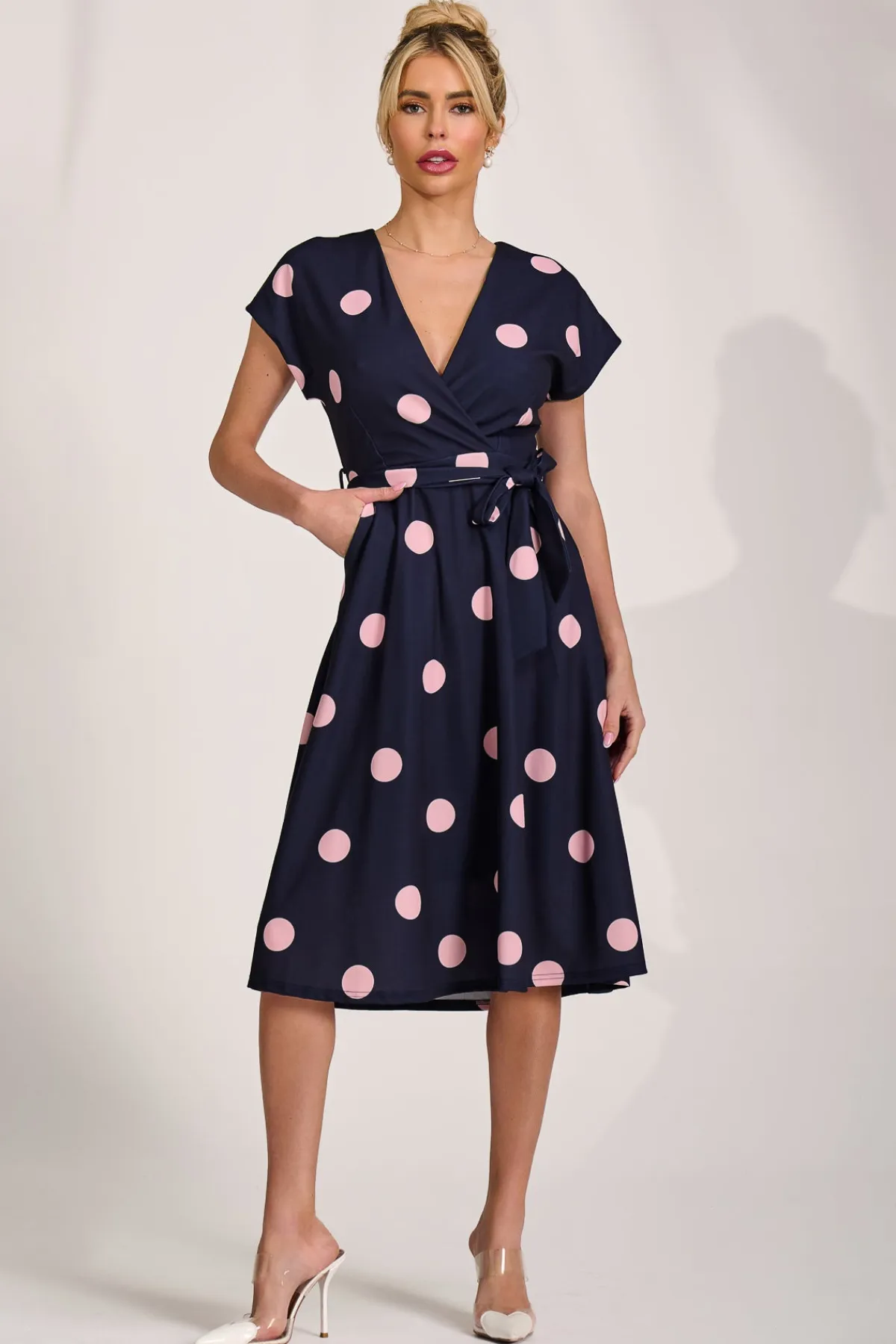 Jolie Moi Occasion Dresses|Wedding Guest-V Neck Print Scuba Midi Dress, Navy Spot