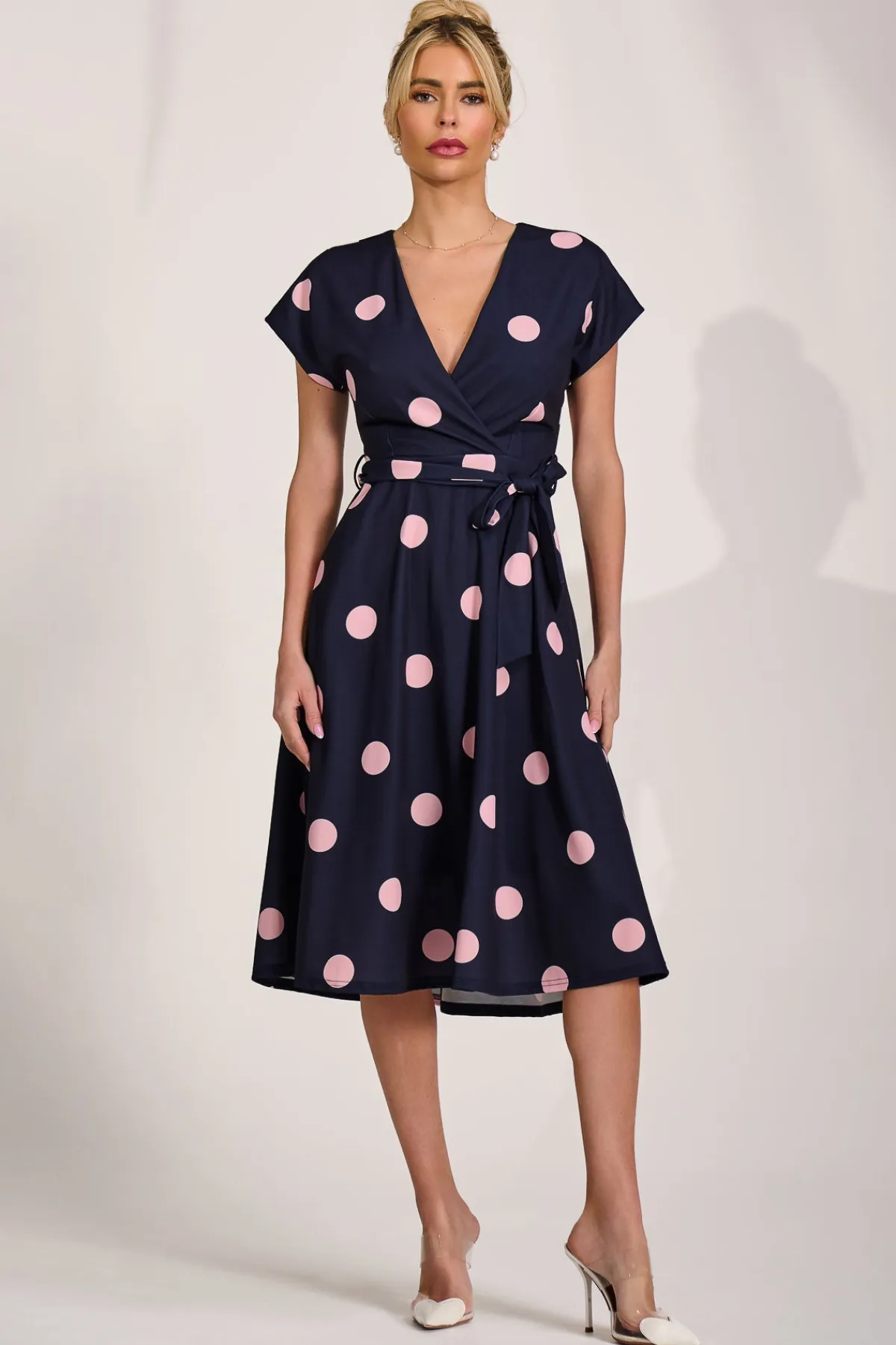 Jolie Moi Occasion Dresses|Wedding Guest-V Neck Print Scuba Midi Dress, Navy Spot