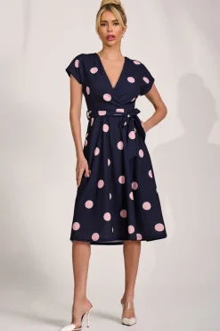 Jolie Moi Occasion Dresses|Wedding Guest-V Neck Print Scuba Midi Dress, Navy Spot
