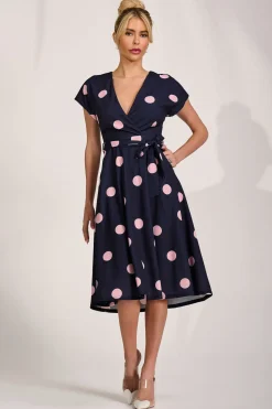 Jolie Moi Occasion Dresses|Wedding Guest-V Neck Print Scuba Midi Dress, Navy Spot