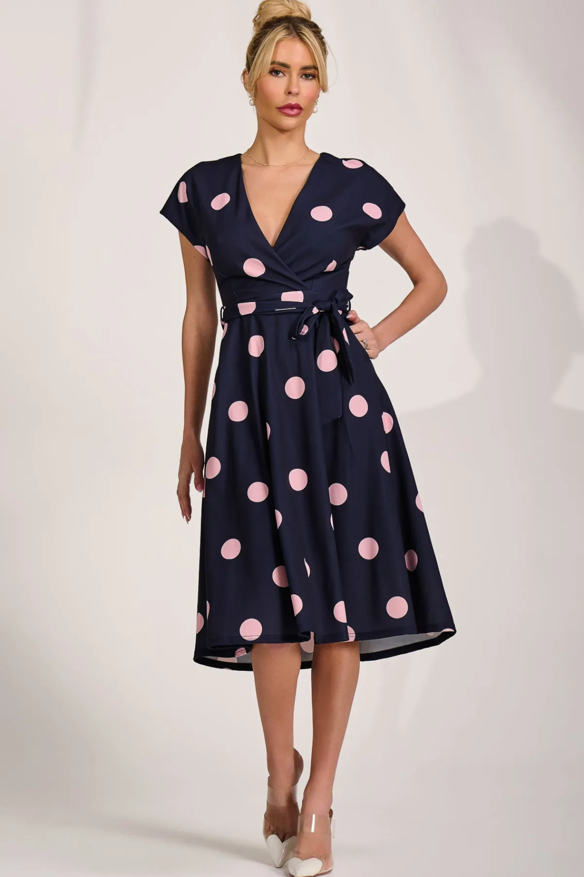 Jolie Moi Occasion Dresses|Wedding Guest-V Neck Print Scuba Midi Dress, Navy Spot