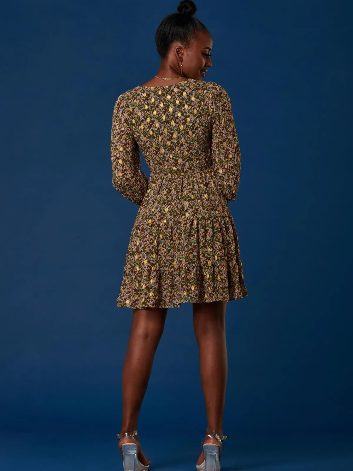 Jolie Moi Occasion Dresses|Floral Dresses-V Neck Shirred Detail Chiffon Dress, Green Floral