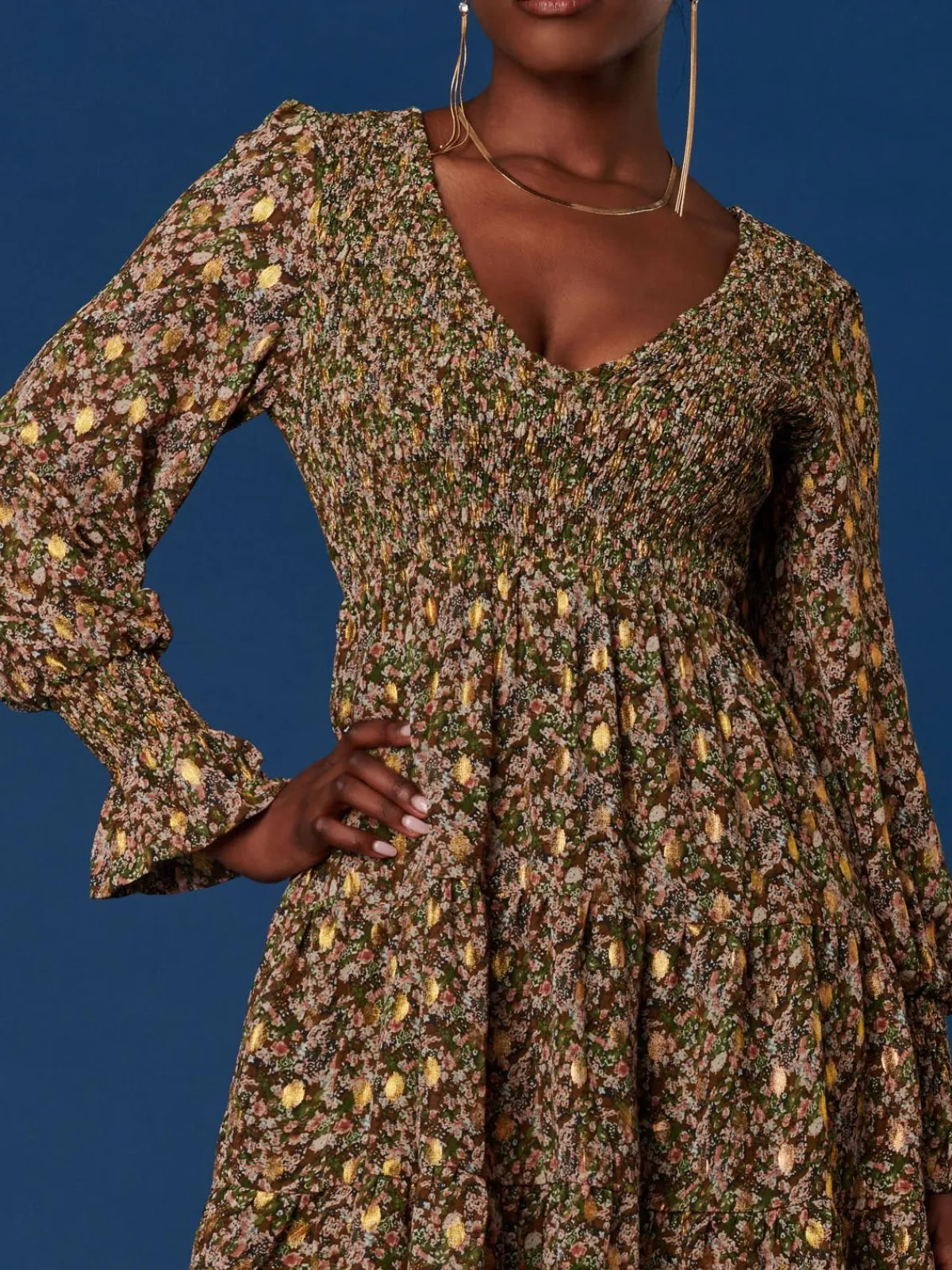Jolie Moi Occasion Dresses|Floral Dresses-V Neck Shirred Detail Chiffon Dress, Green Floral