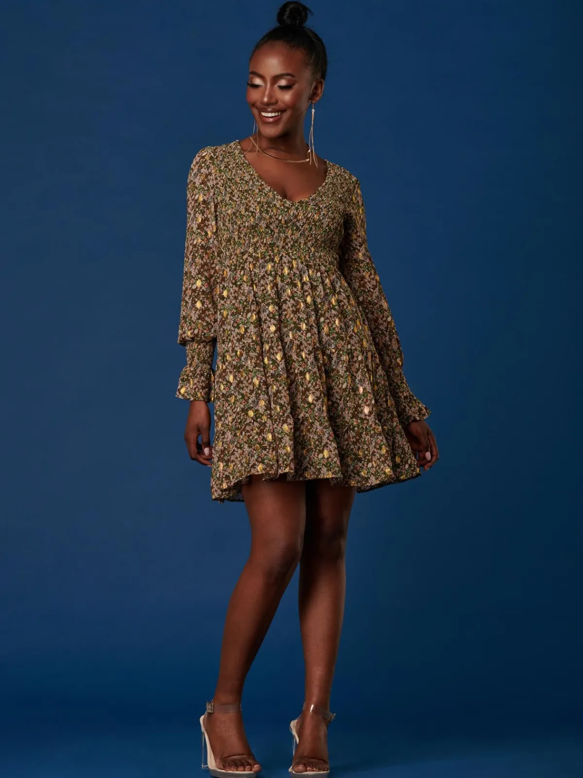 Jolie Moi Occasion Dresses|Floral Dresses-V Neck Shirred Detail Chiffon Dress, Green Floral