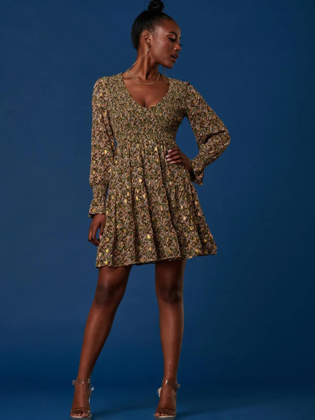 Jolie Moi Occasion Dresses|Floral Dresses-V Neck Shirred Detail Chiffon Dress, Green Floral