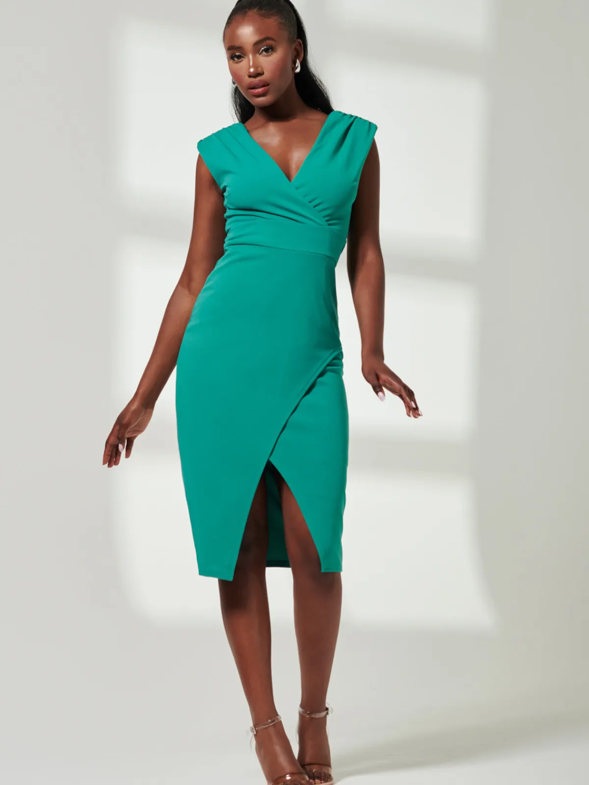 Jolie Moi Occasion Dresses|Sleeveless Dresses-V-Neck Split Hem Bodycon Midi Dress, Green