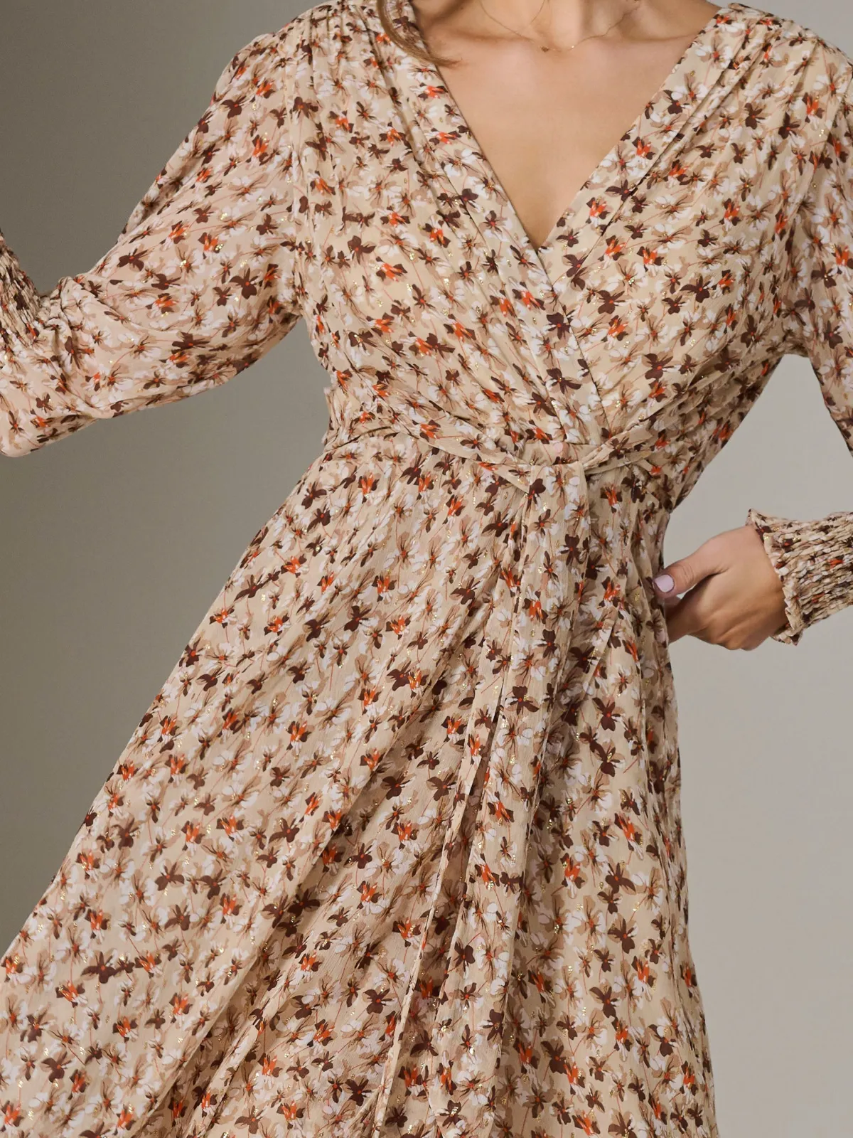 Jolie Moi Occasion Dresses|Floral Dresses-V Neck Tie Waist Puff Sleeve Maxi Dress, Brown Floral