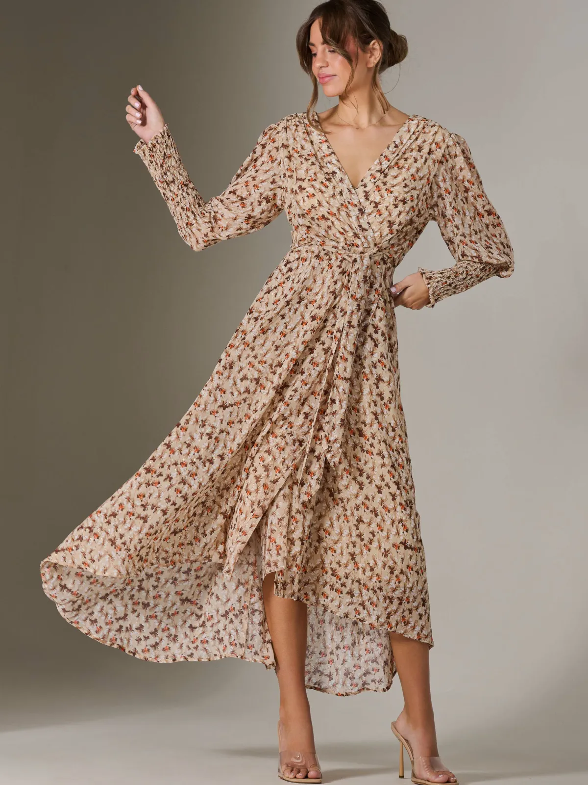 Jolie Moi Occasion Dresses|Floral Dresses-V Neck Tie Waist Puff Sleeve Maxi Dress, Brown Floral