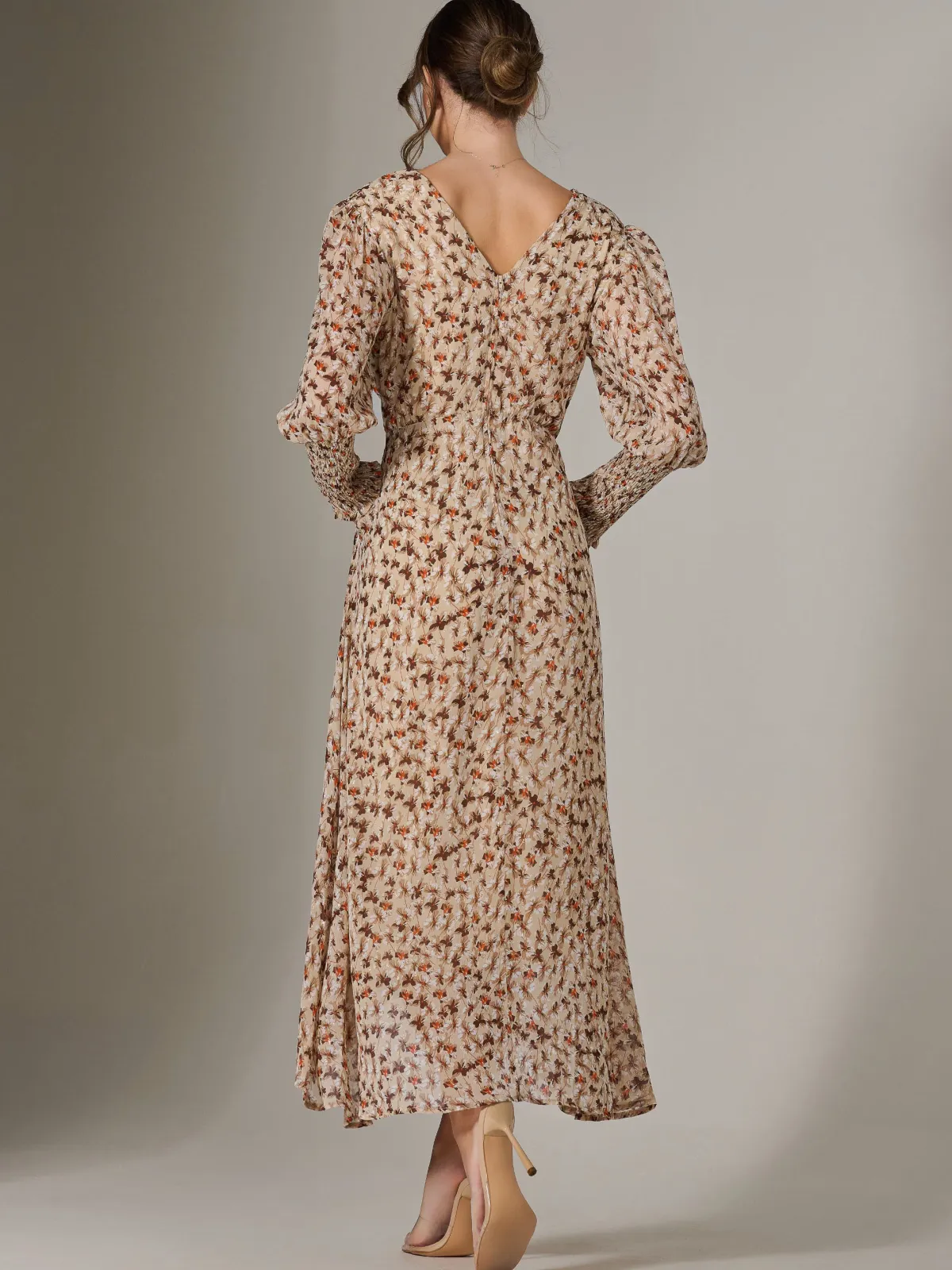 Jolie Moi Occasion Dresses|Floral Dresses-V Neck Tie Waist Puff Sleeve Maxi Dress, Brown Floral