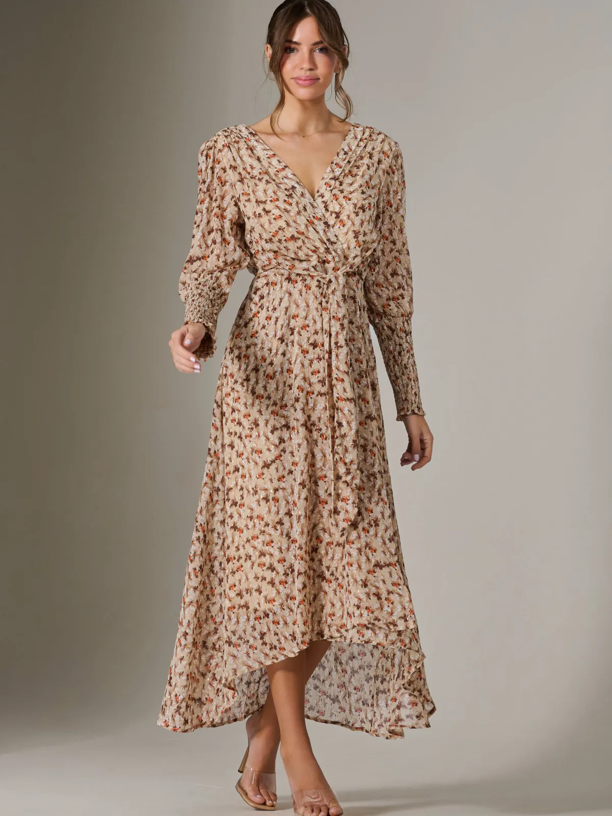 Jolie Moi Occasion Dresses|Floral Dresses-V Neck Tie Waist Puff Sleeve Maxi Dress, Brown Floral