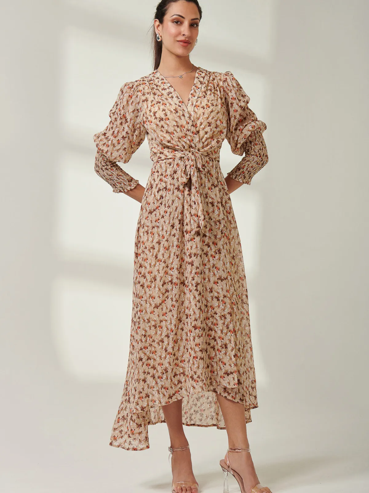 Jolie Moi Occasion Dresses|Floral Dresses-V Neck Tie Waist Puff Sleeve Maxi Dress, Brown Floral