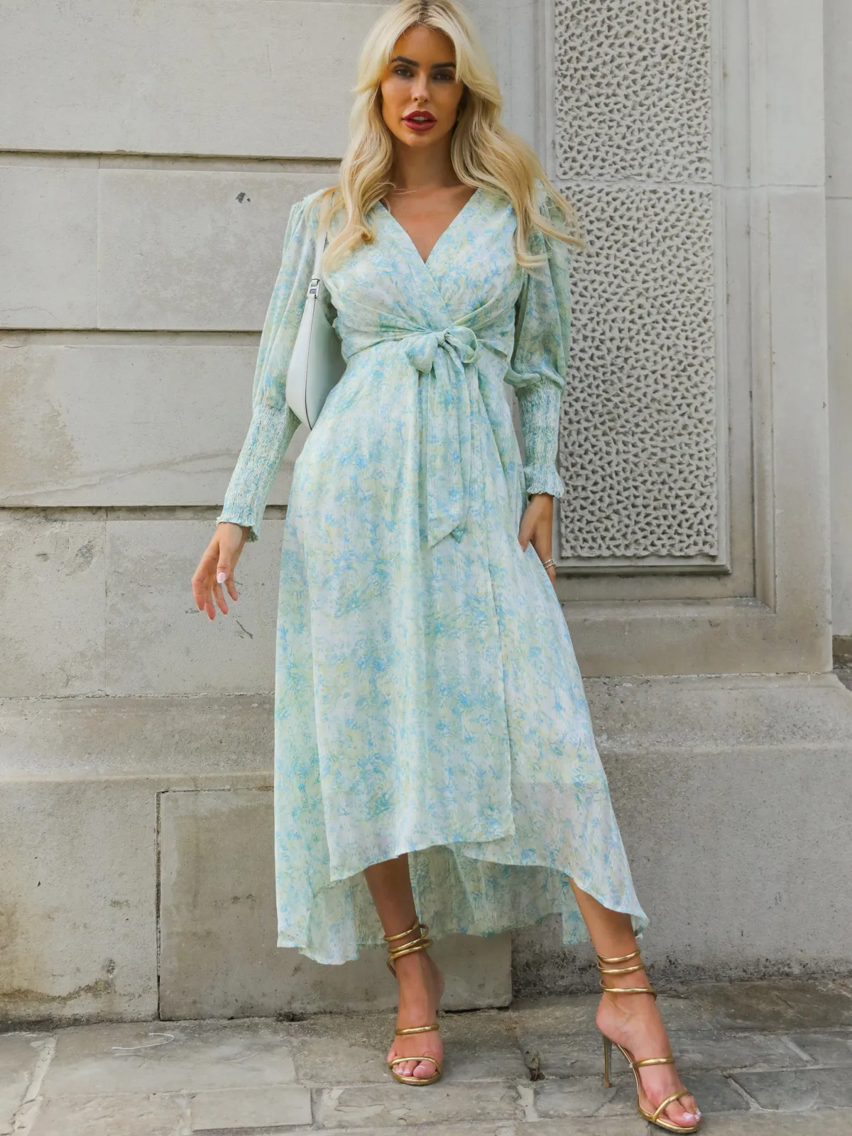 Jolie Moi Occasion Dresses|Floral Dresses-V Neck Tie Waist Puff Sleeve Maxi Dress, Green Abstract