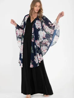 Jolie Moi Tops-Waterfall Chiffon Shawl, Navy Floral