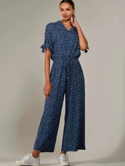 Jolie Moi Jumpsuits-Wide Leg Half Sleeve Jumpsuit, Navy Spot