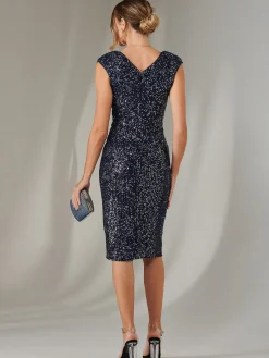Jolie Moi Occasion Dresses|Party Dresses-Wrap Bodice Sequin Midi Dress, Navy Silver