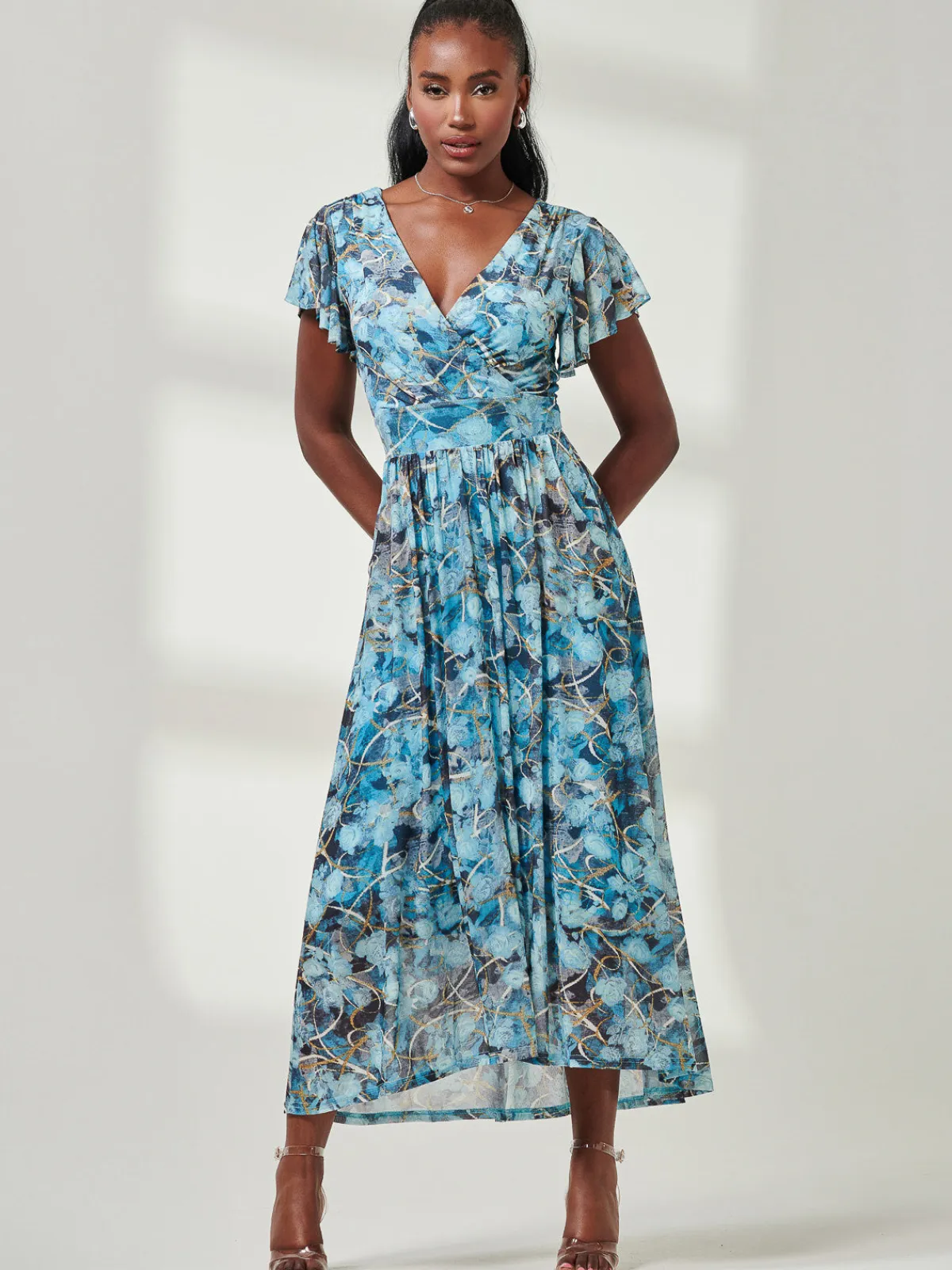 Jolie Moi Occasion Dresses|Mesh Dresses-Wrap Dip Hem Mesh Maxi Dress, Blue Abstract