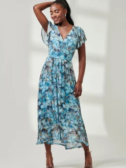 Jolie Moi Occasion Dresses|Mesh Dresses-Wrap Dip Hem Mesh Maxi Dress, Blue Abstract
