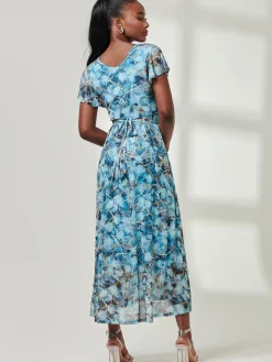 Jolie Moi Occasion Dresses|Mesh Dresses-Wrap Dip Hem Mesh Maxi Dress, Blue Abstract