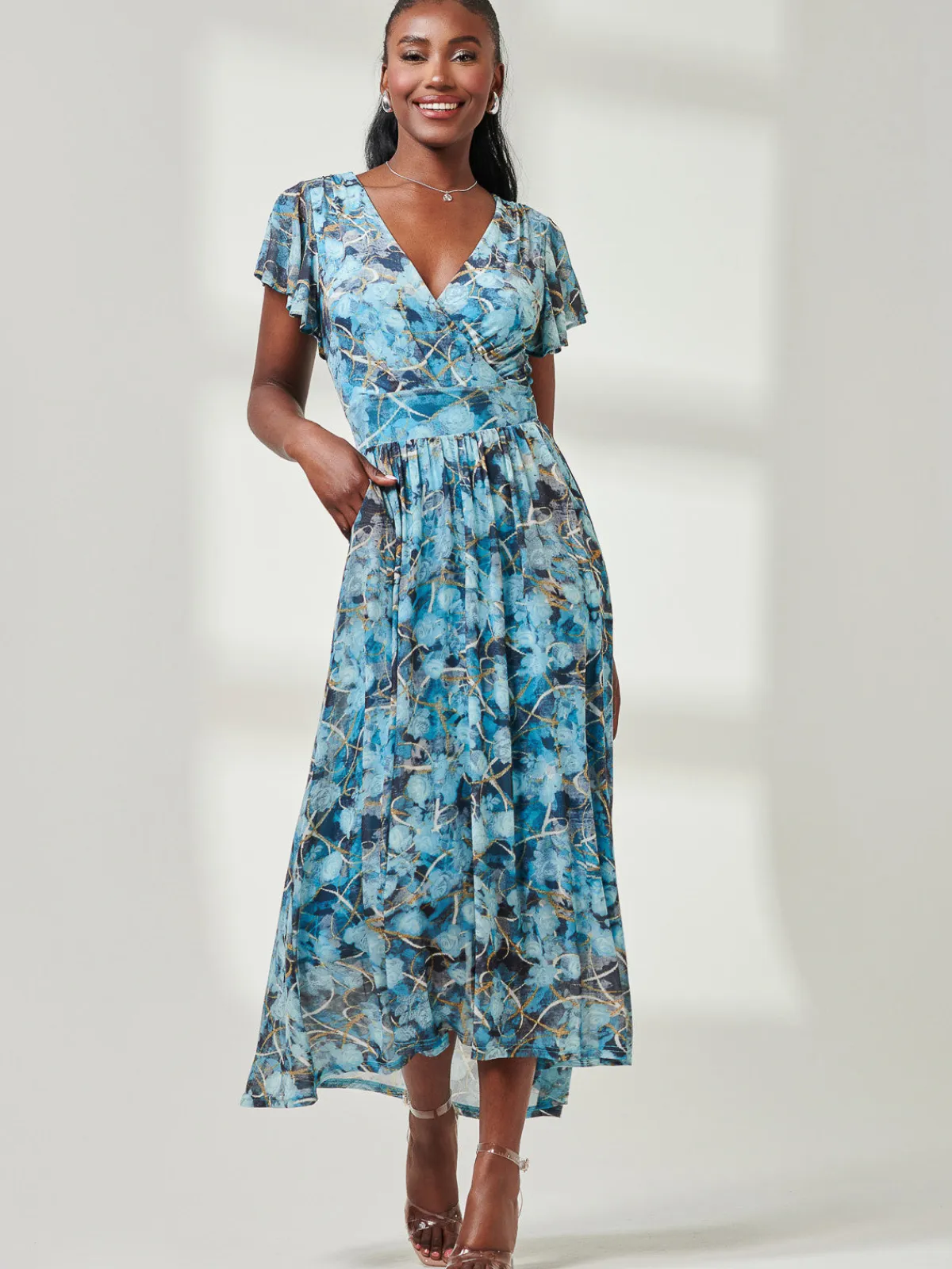 Jolie Moi Occasion Dresses|Mesh Dresses-Wrap Dip Hem Mesh Maxi Dress, Blue Abstract