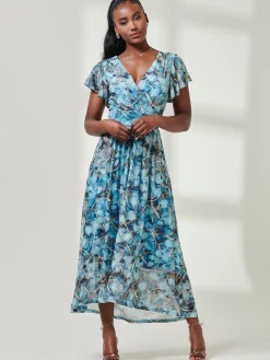 Jolie Moi Occasion Dresses|Mesh Dresses-Wrap Dip Hem Mesh Maxi Dress, Blue Abstract