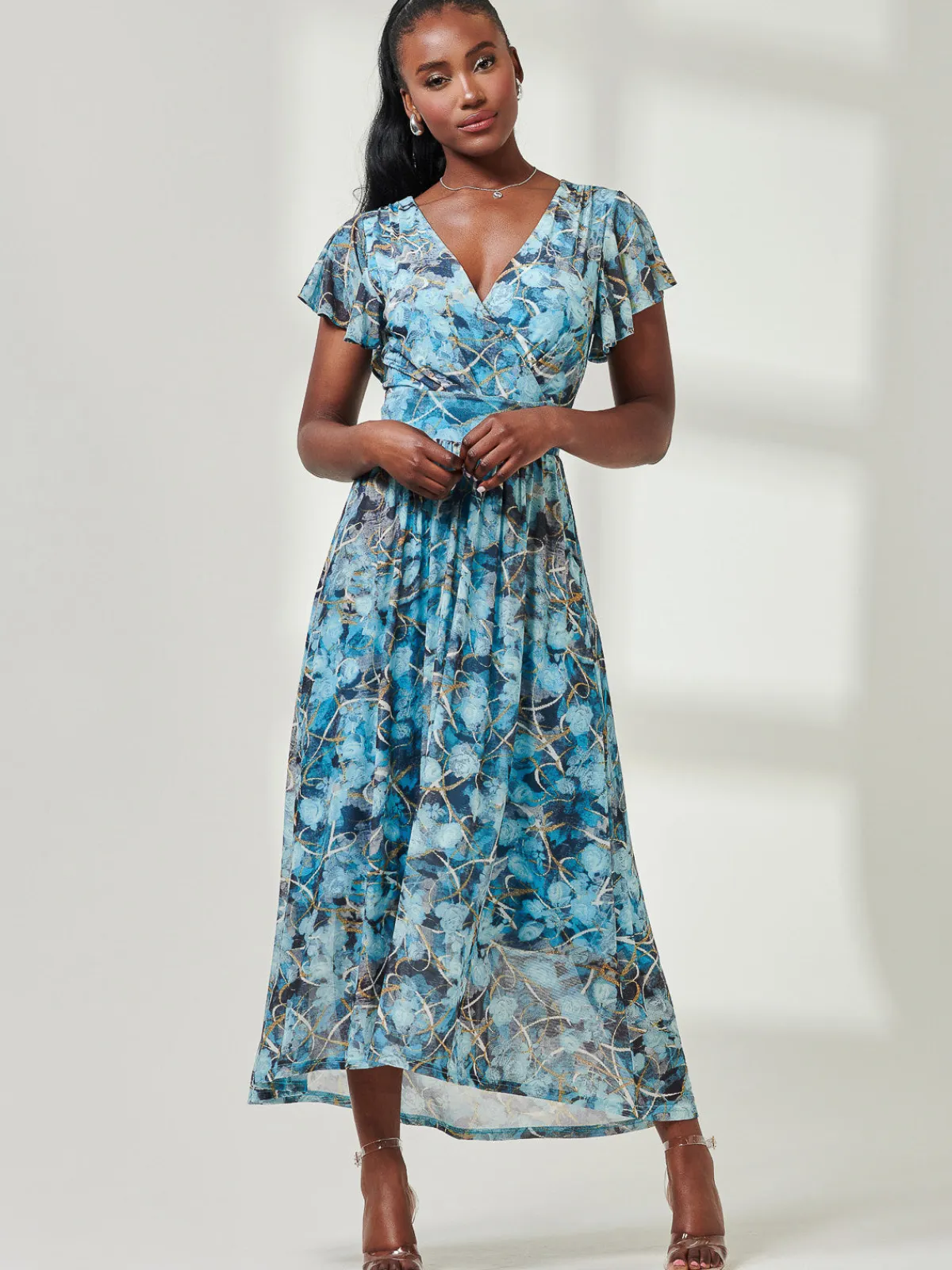 Jolie Moi Occasion Dresses|Mesh Dresses-Wrap Dip Hem Mesh Maxi Dress, Blue Abstract