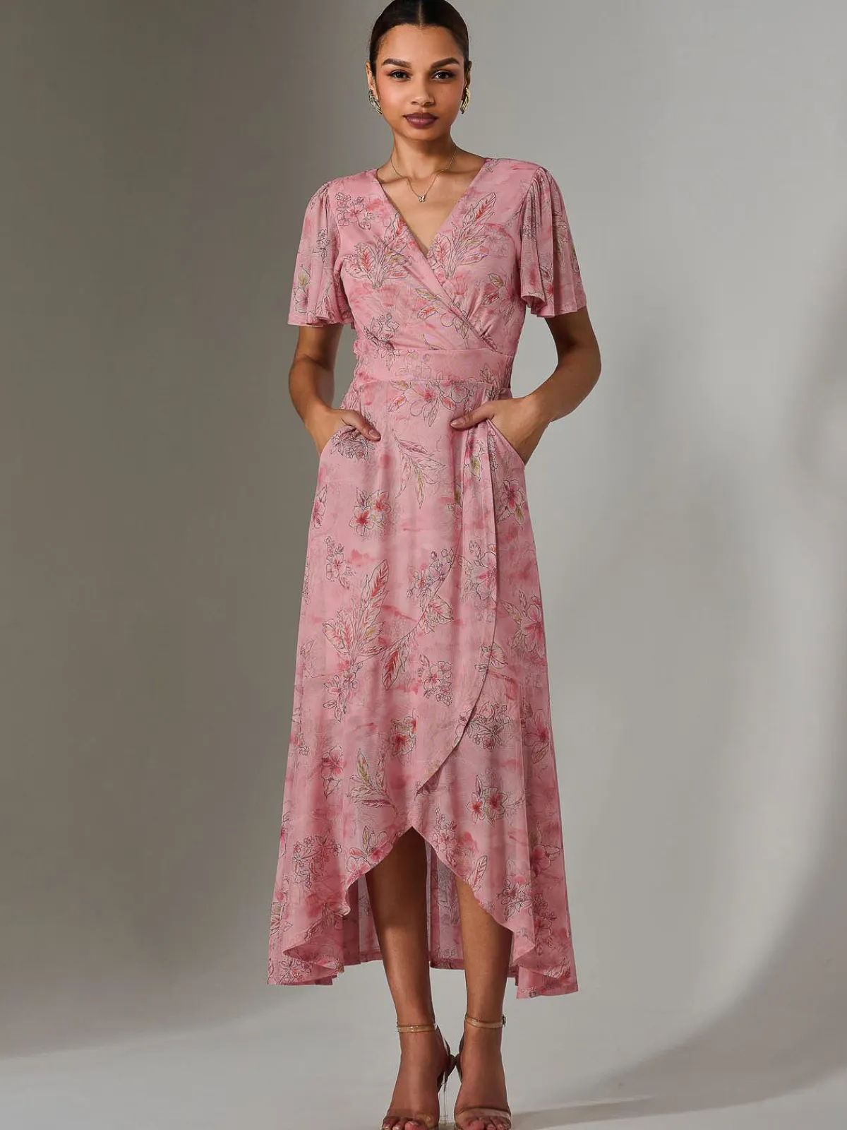 Jolie Moi Occasion Dresses|Floral Dresses-Wrap Midaxi Dress, Pink Floral