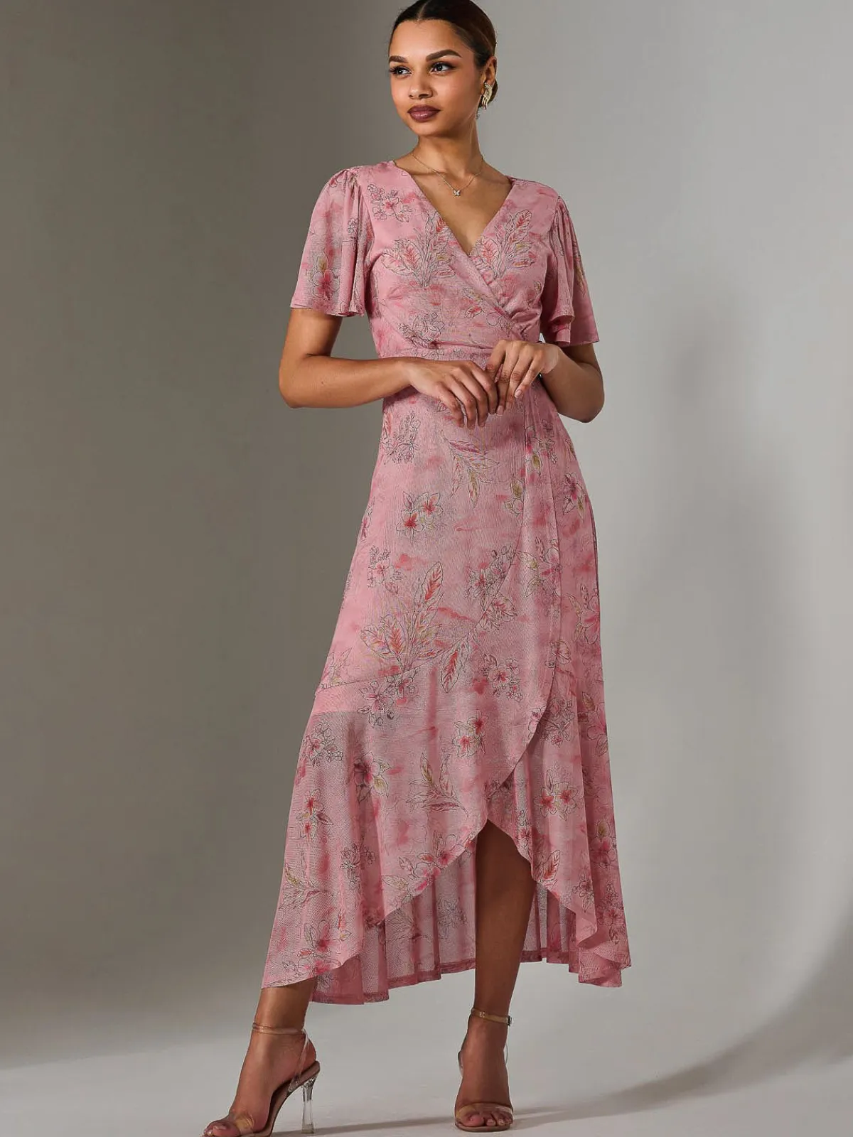 Jolie Moi Occasion Dresses|Floral Dresses-Wrap Midaxi Dress, Pink Floral
