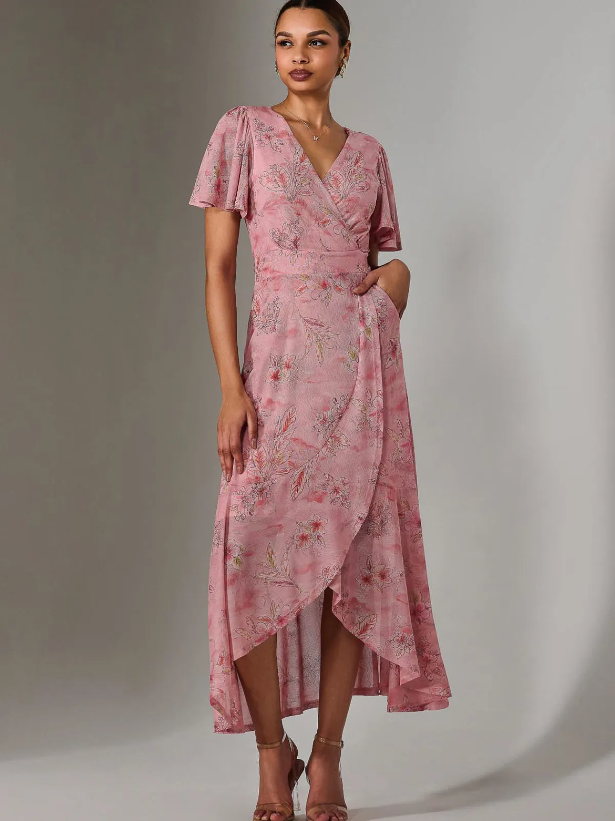 Jolie Moi Occasion Dresses|Floral Dresses-Wrap Midaxi Dress, Pink Floral