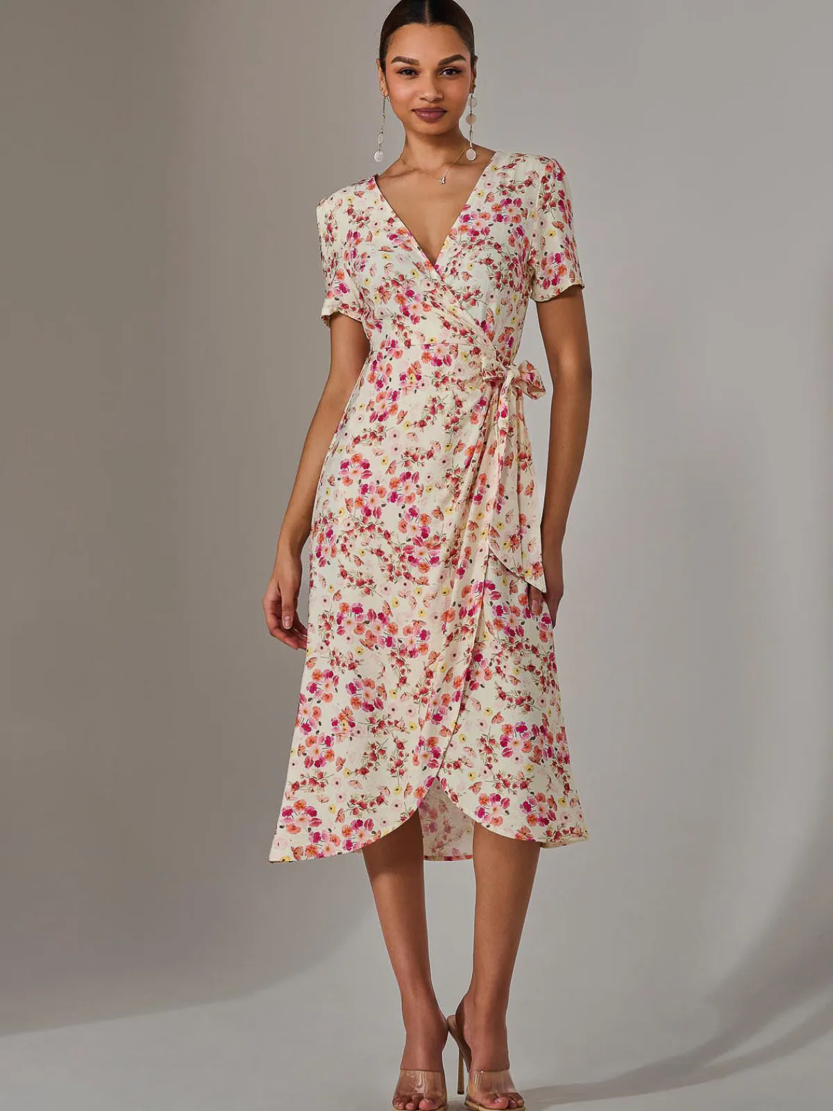 Jolie Moi Occasion Dresses|Floral Dresses-Wrap Midi Dress, Pink Floral