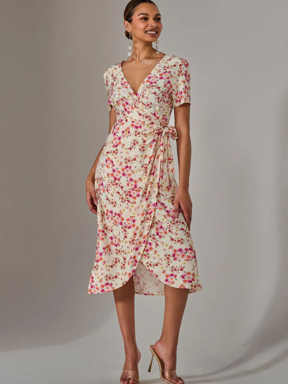 Jolie Moi Occasion Dresses|Floral Dresses-Wrap Midi Dress, Pink Floral