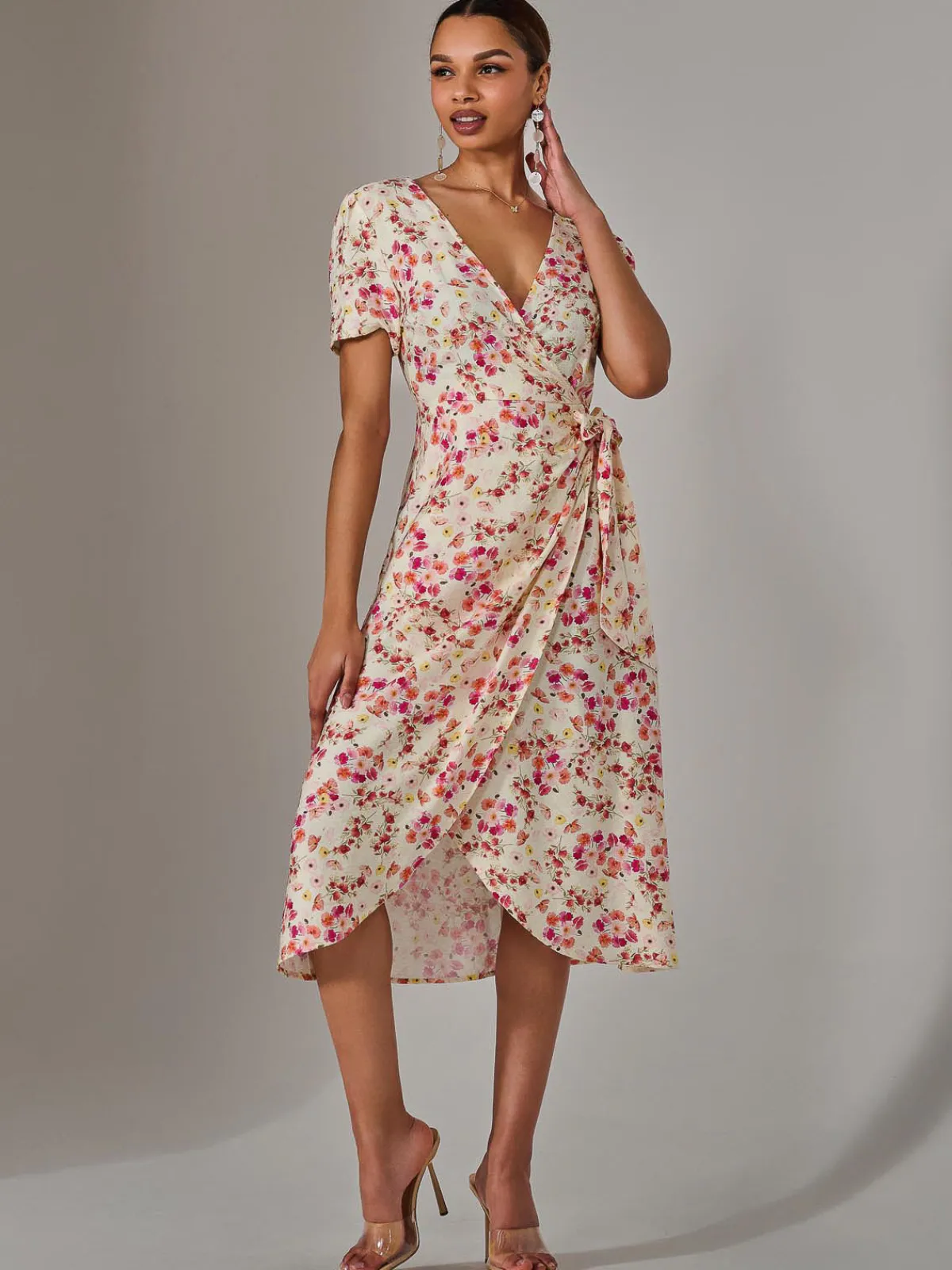 Jolie Moi Occasion Dresses|Floral Dresses-Wrap Midi Dress, Pink Floral