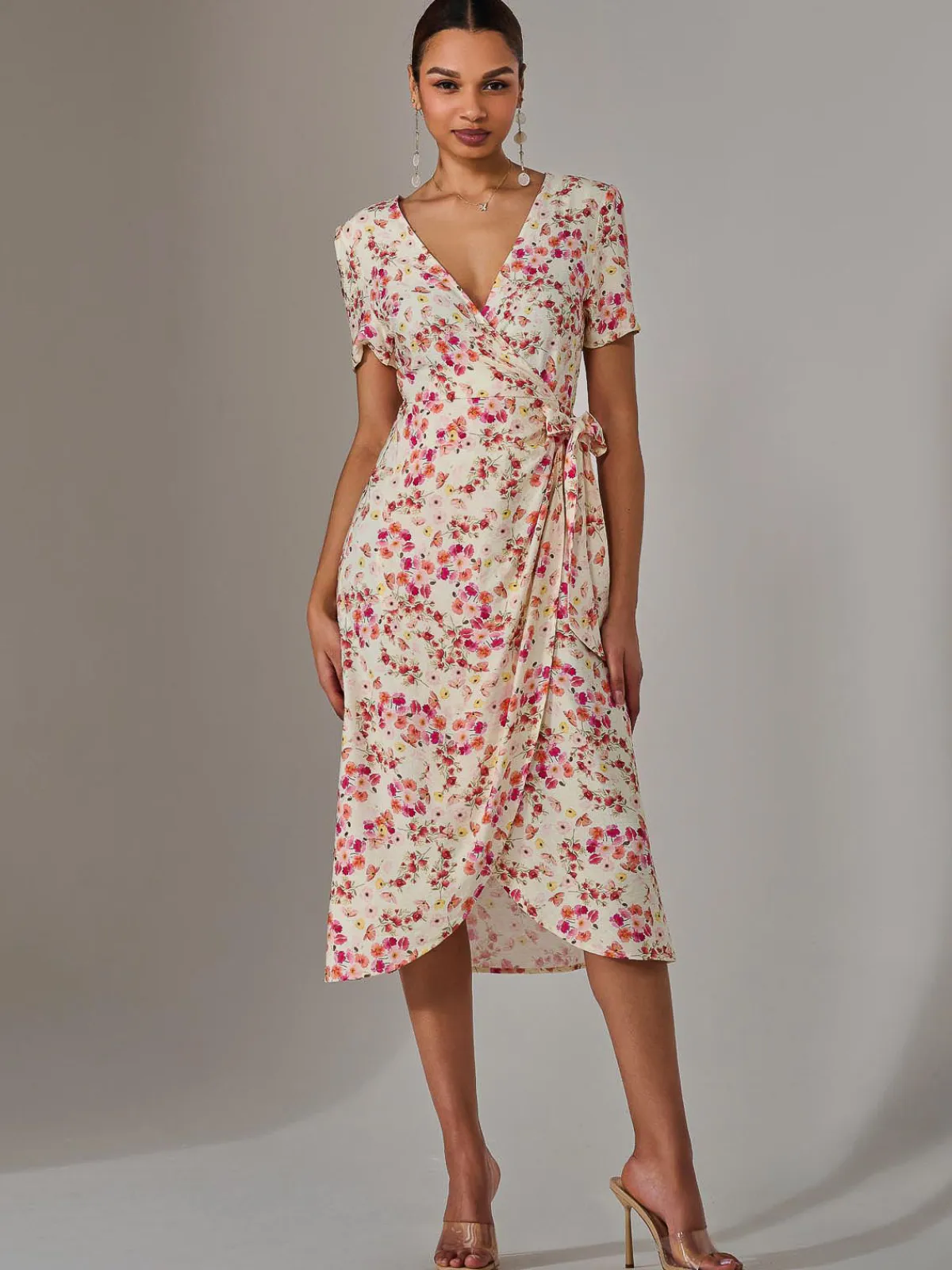 Jolie Moi Occasion Dresses|Floral Dresses-Wrap Midi Dress, Pink Floral