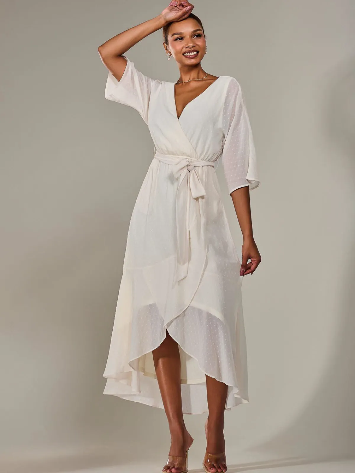 Jolie Moi Occasion Dresses|Wrap Dresses-Wrap Tie Front Midi Dress, Cream