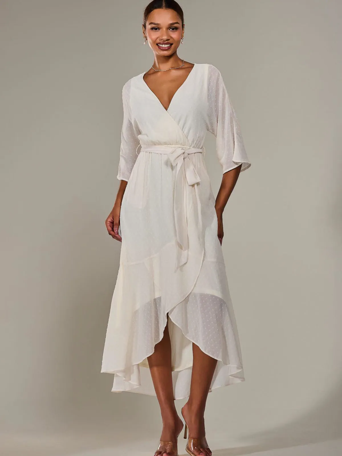 Jolie Moi Occasion Dresses|Wrap Dresses-Wrap Tie Front Midi Dress, Cream