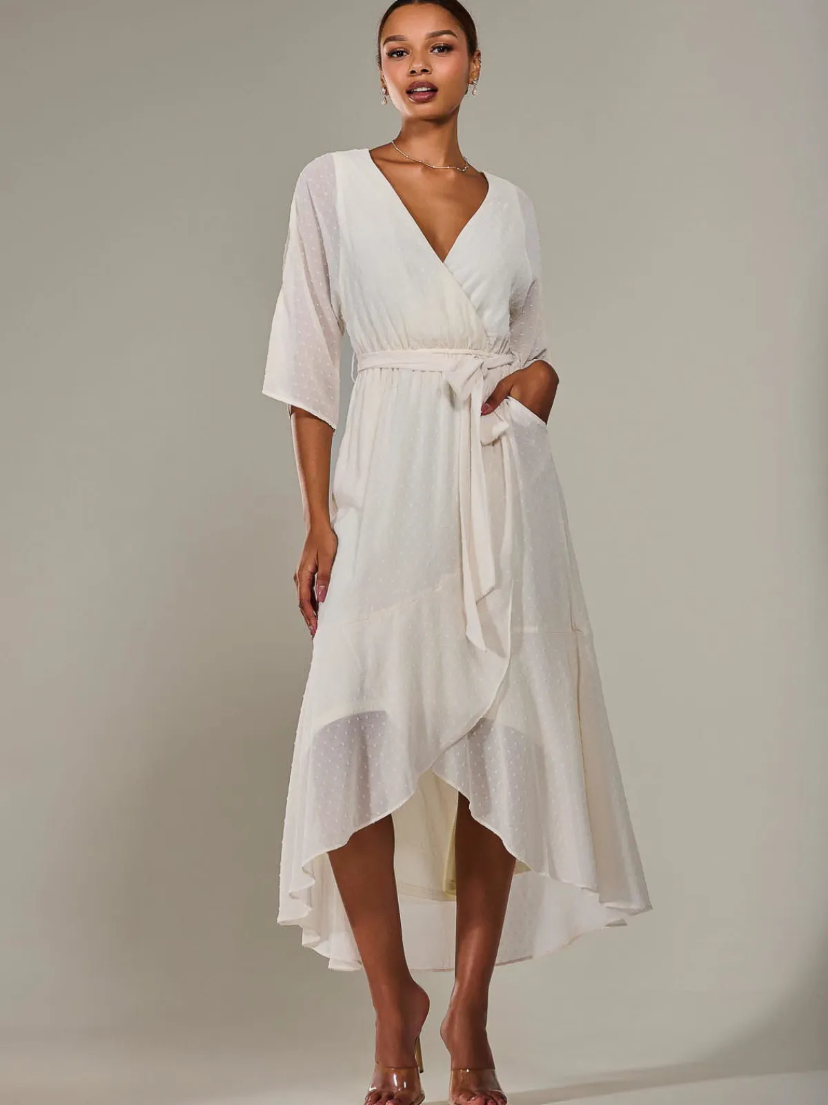 Jolie Moi Occasion Dresses|Wrap Dresses-Wrap Tie Front Midi Dress, Cream