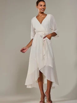Jolie Moi Occasion Dresses|Wrap Dresses-Wrap Tie Front Midi Dress, Cream