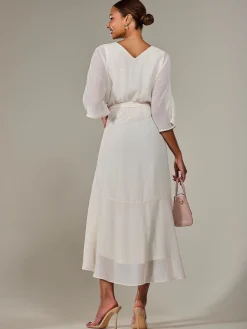 Jolie Moi Occasion Dresses|Wrap Dresses-Wrap Tie Front Midi Dress, Cream