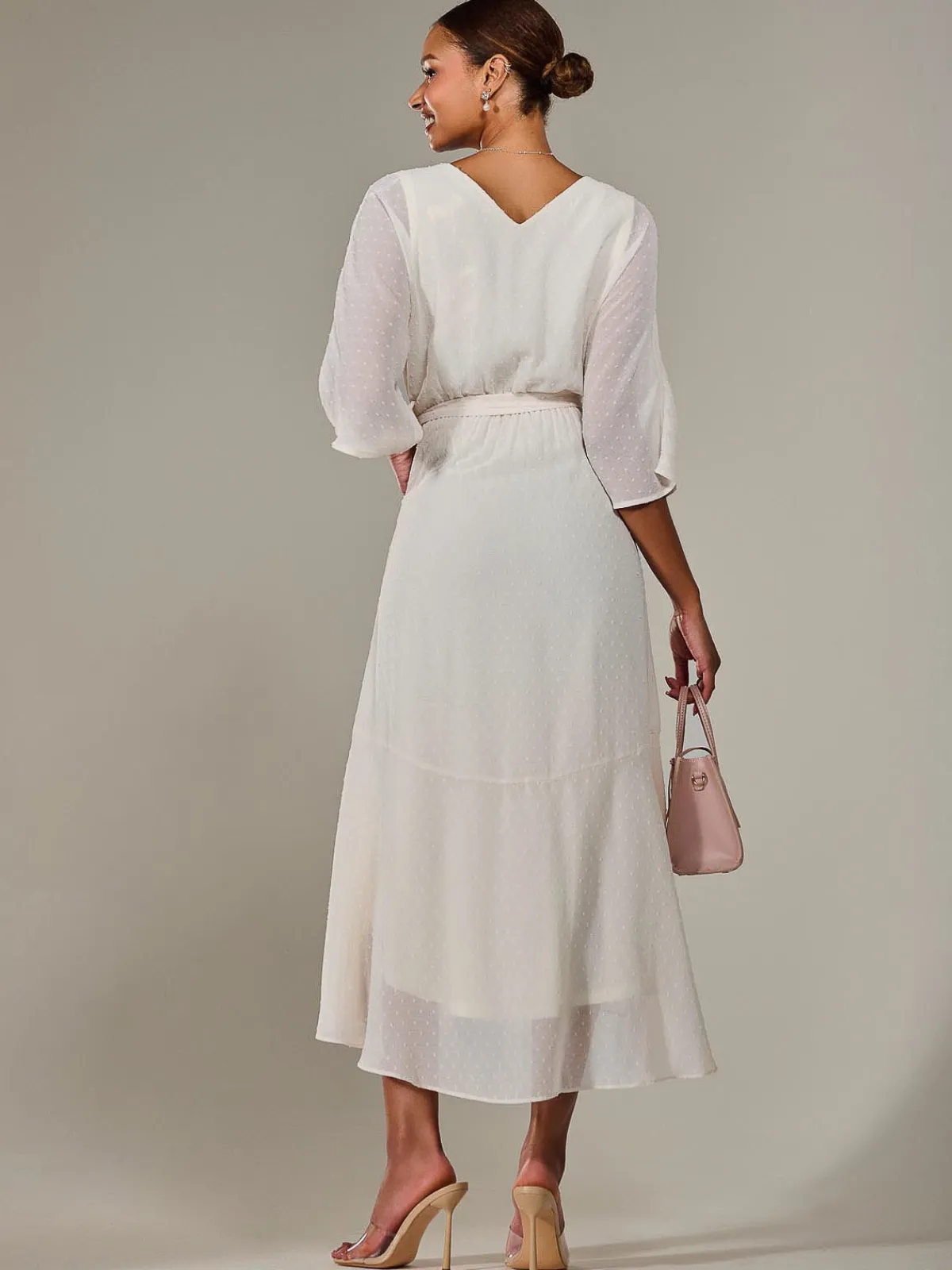 Jolie Moi Occasion Dresses|Wrap Dresses-Wrap Tie Front Midi Dress, Cream