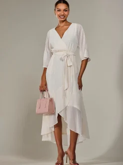 Jolie Moi Occasion Dresses|Wrap Dresses-Wrap Tie Front Midi Dress, Cream