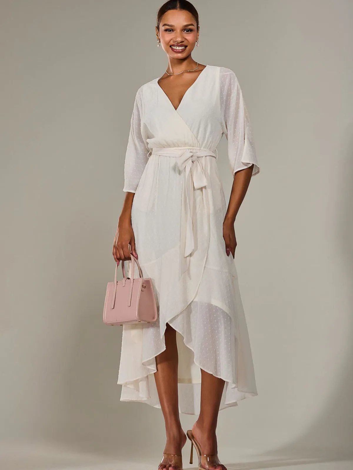 Jolie Moi Occasion Dresses|Wrap Dresses-Wrap Tie Front Midi Dress, Cream