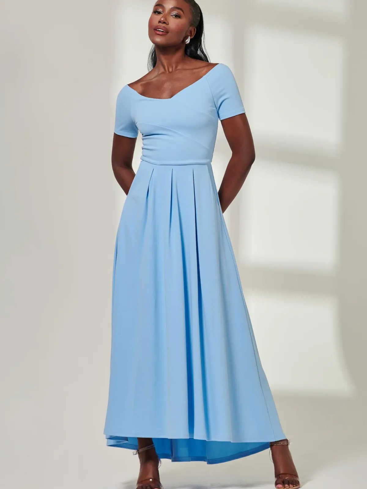 Jolie Moi Mother Of The Bride|Occasion Dresses-Yana Off Shoulder Scuba Maxi Dress, Blue