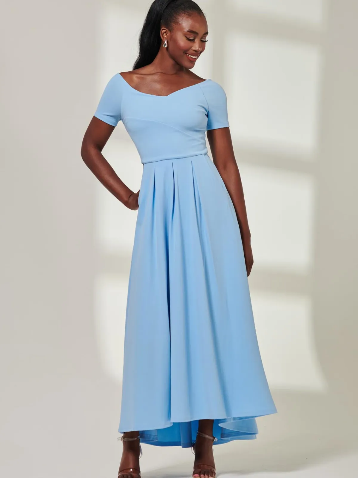 Jolie Moi Mother Of The Bride|Occasion Dresses-Yana Off Shoulder Scuba Maxi Dress, Blue