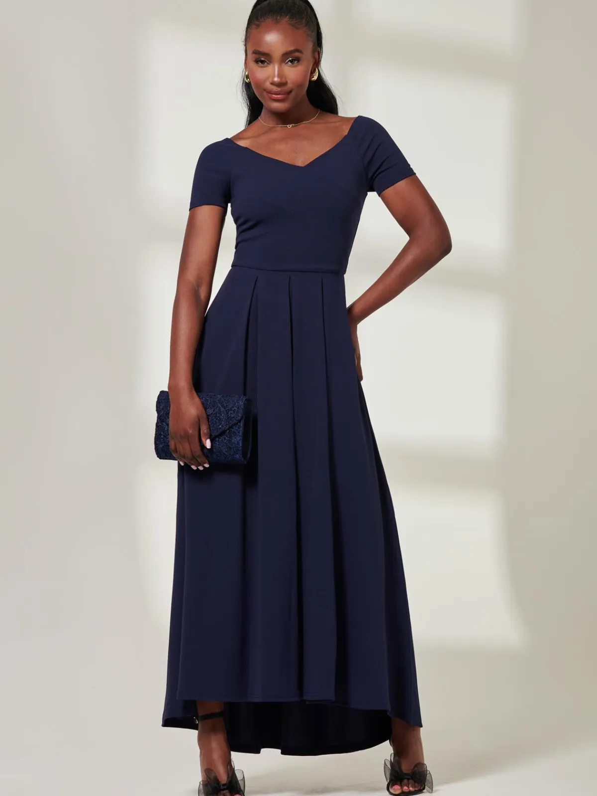 Jolie Moi Mother Of The Bride|Occasion Dresses-Yana Off Shoulder Scuba Maxi Dress, Navy